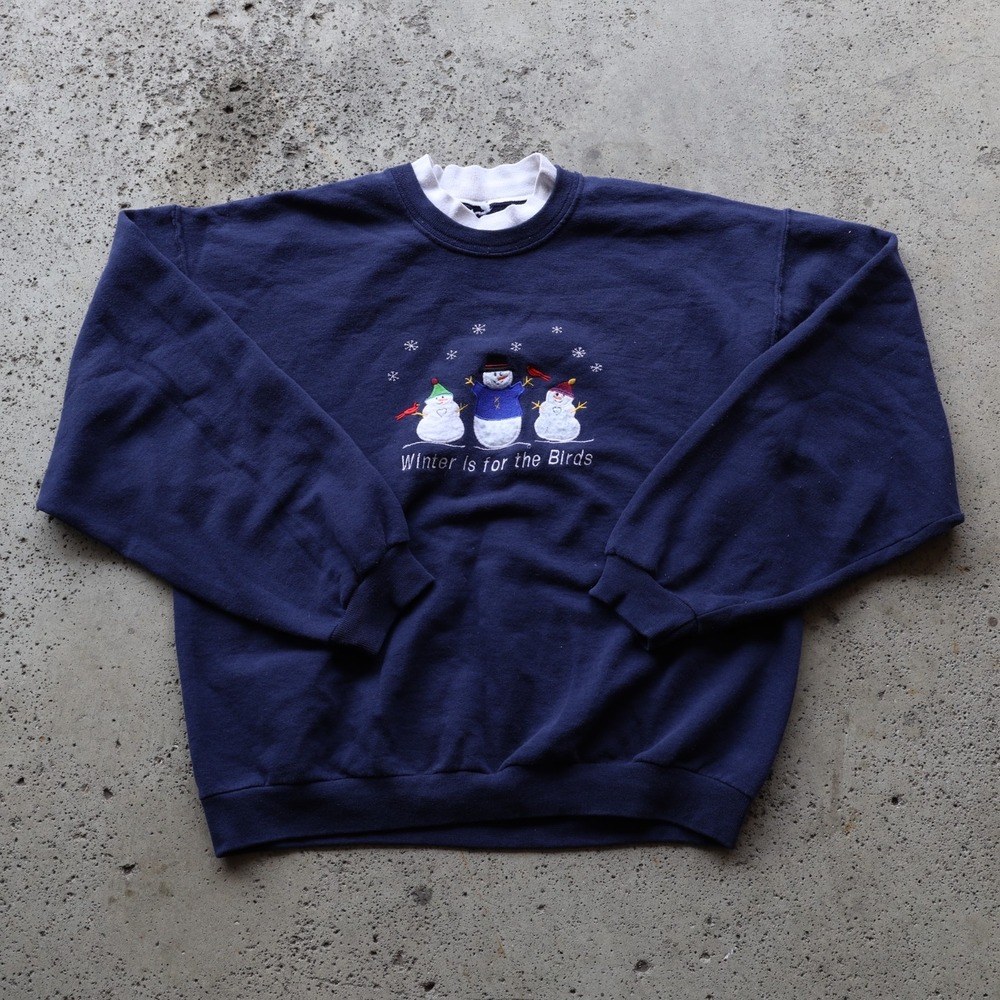 Vintage 90s Winter Is For The Birds Snowman Embroidered Sweatshirt Navy Size L